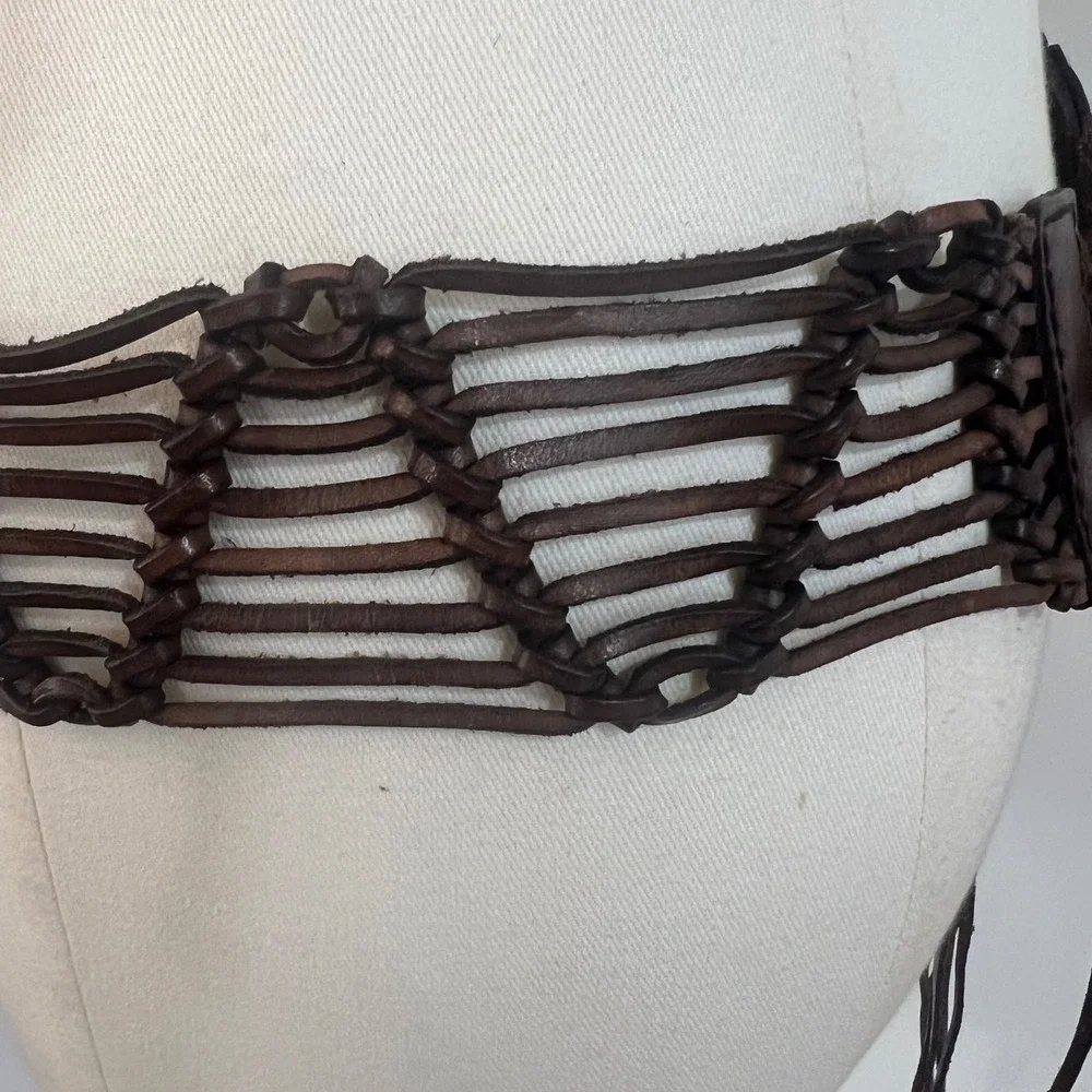 Vintage American Eagle Brown Leather Woven Macrame Fringe Tie Waist Belt Boho